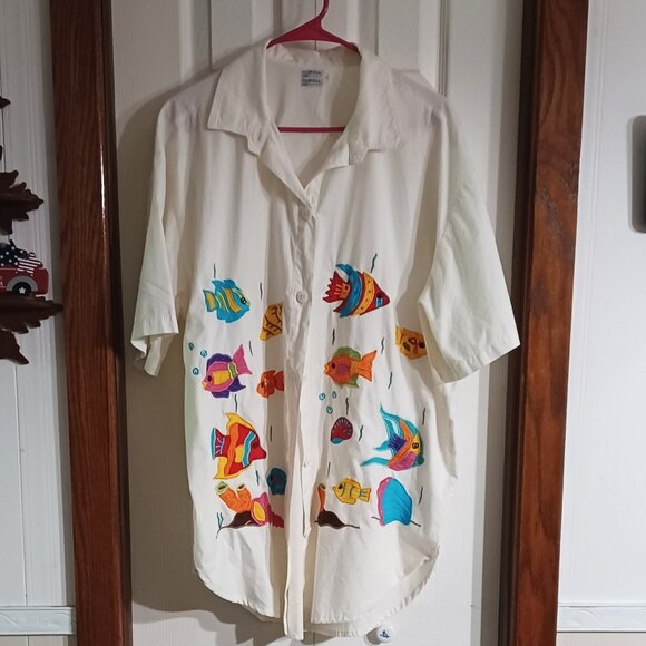 Tropical Art - Cotton Tropical Fish Cover-up Button Down Tunic  Woman's Large - Picture 1 of 8